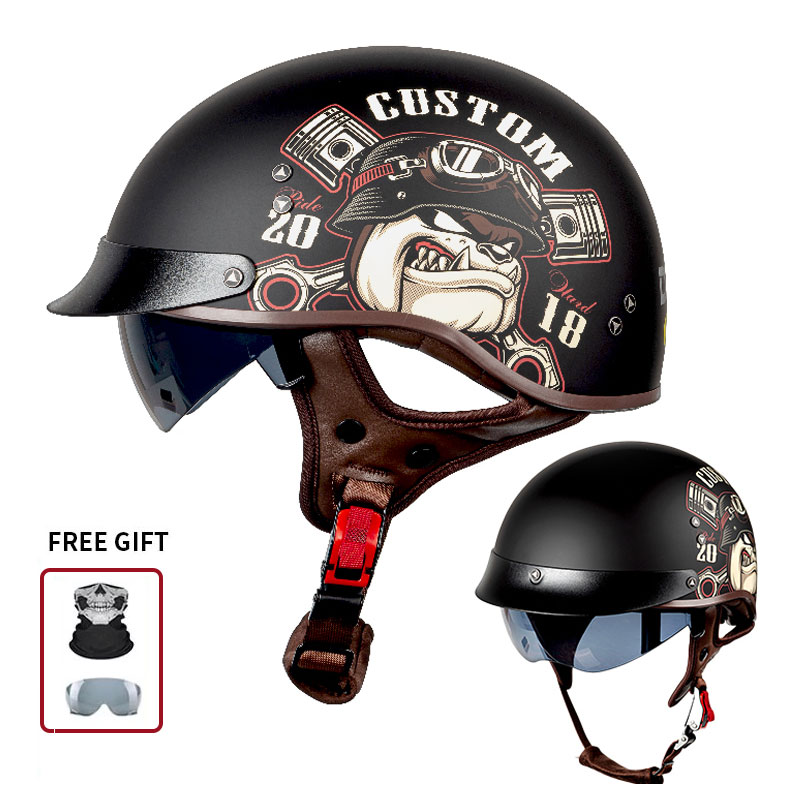 Motorcycle Gear Vintage - Vintage-Halbgesichts-Motorradhelm mit individuellem Bulldog-Motorkolben-Aufdruck, Retro-Sicherheitshelm mit